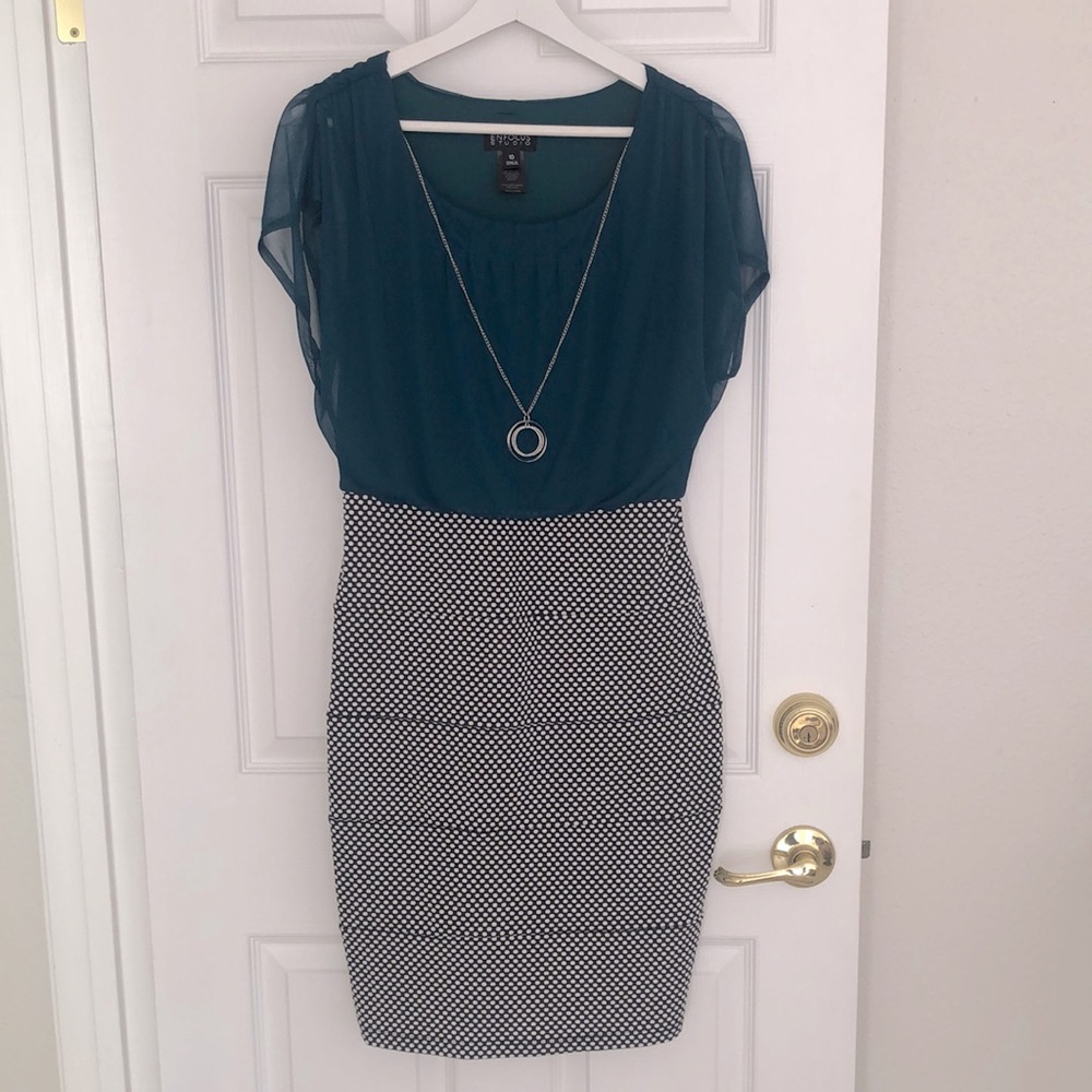 Green and polka dotted pencil skirt dress